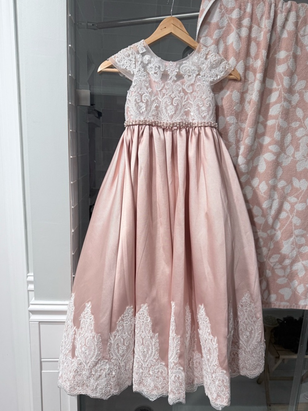Sleeveless Pink Lace-Trim Satin Flower Girl Dress
